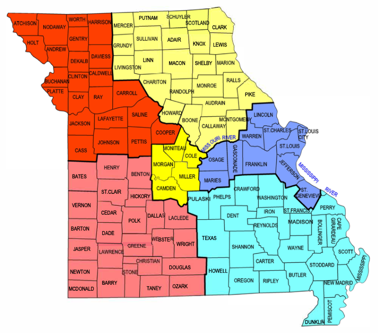 FMDC State Super Regions Map - Northwest (Kansas City), St. Louis area, Jefferson City area, Southeast (Cape Girardeau), Southwest (Springfield), and Northeast (Columbia)