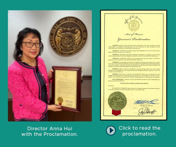 Missouri Department of Labor Director Anna Hui with the Asian/Pacific American Heritage Month Proclamation